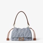 FENDI Mamma Baguette Medium Blue denim-effect FF jacquard bag